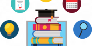 A picture of a laptop with books on it, surrounded by 5 circles. Each circle contains an icon. The icons are a light bulb, a certificate, a graduation hat, a calendar, and a magnifying glass