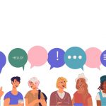 8 cartoon people with speech bubbles. Some bubbles are empty and some have symbols in them.