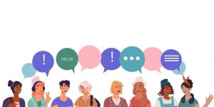 8 cartoon people with speech bubbles. Some bubbles are empty and some have symbols in them.